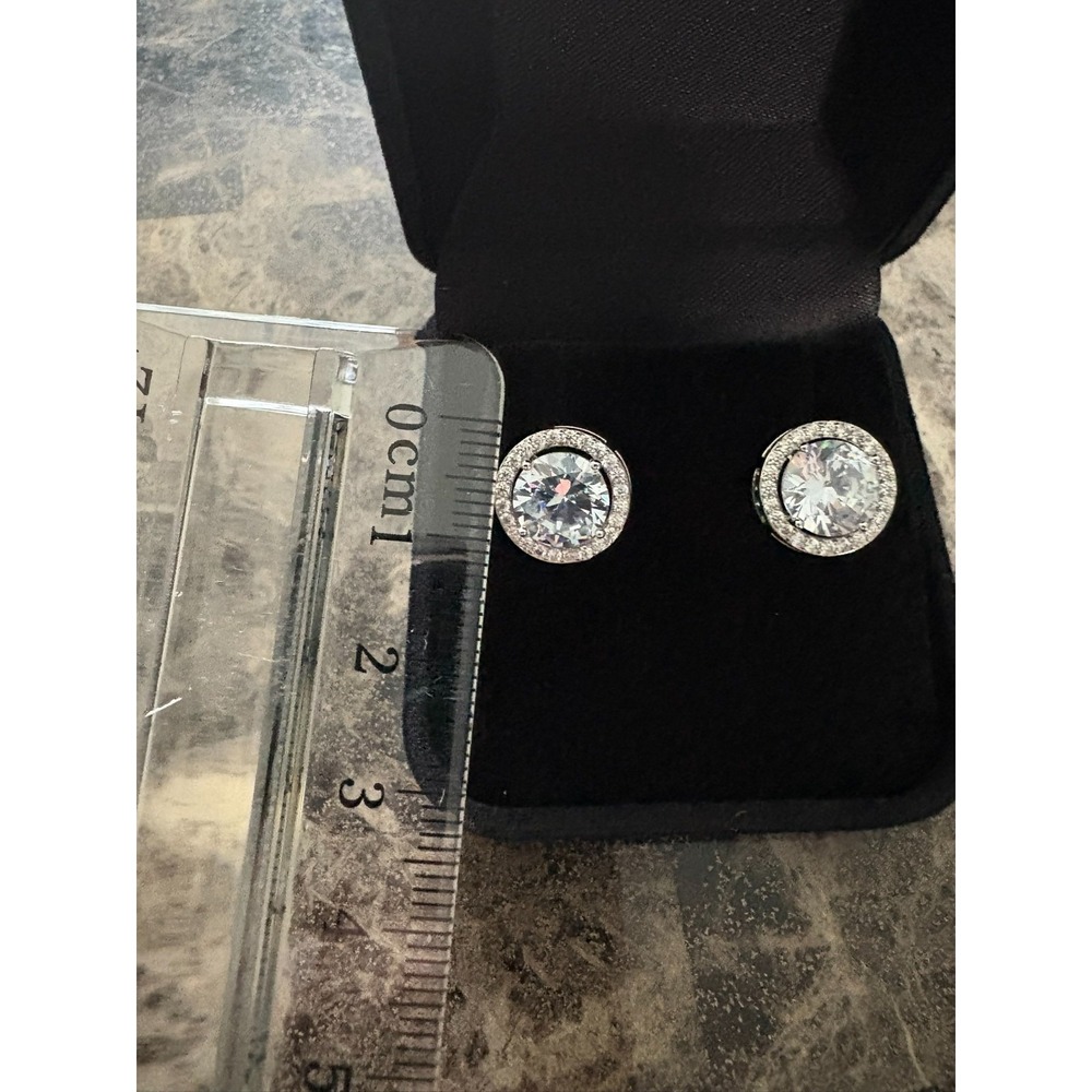 Silver Tone Round Halo Cubic Zirconia Stud Earrings Brilliant Cut Pave Border - Picture 12 of 14